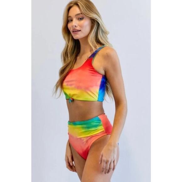Zaful Size Large NWT 2 Piece Rainbow High Waist Knot Tankini Bathing Swim Suit - Picture 1 of 7